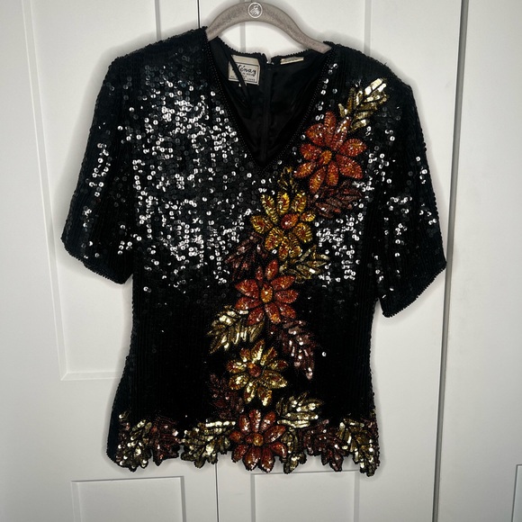 Stenay Tops - Stenay Vintage 100% Silk Black Sequin Floral Blouse Women's Size Small